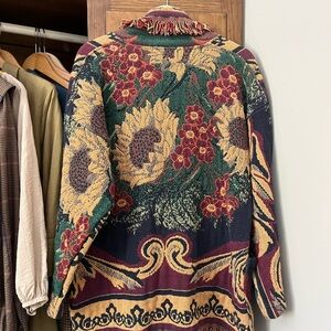 Tapestry Sunflower Floral Knit Cardigan - Green, Burgundy, Gold
